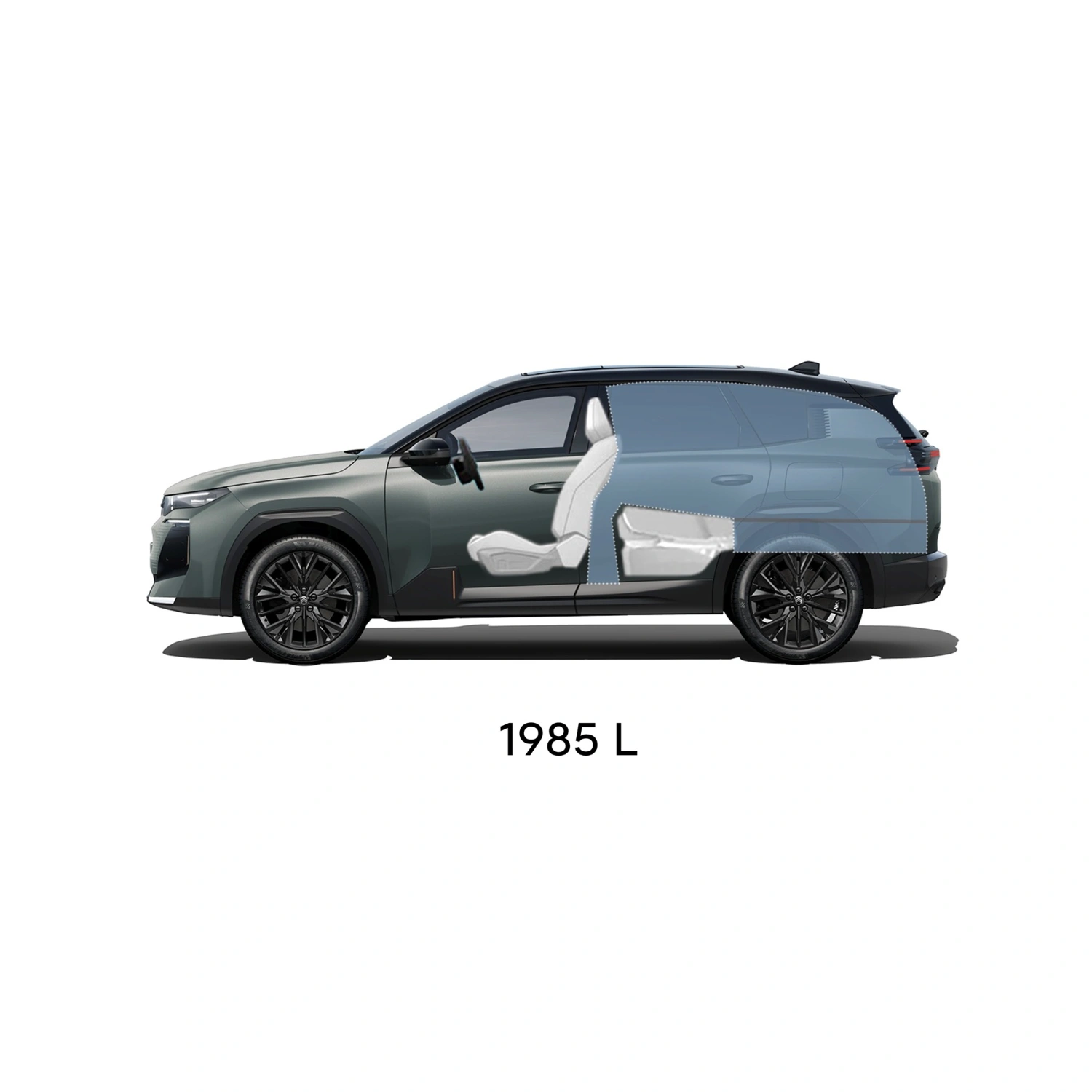 Technisch overzicht van de C5 Aircross met voor‑, achter‑, zij‑ en bovenaanzicht, inclusief buitenmaten en bagageruimte‑inhoud.