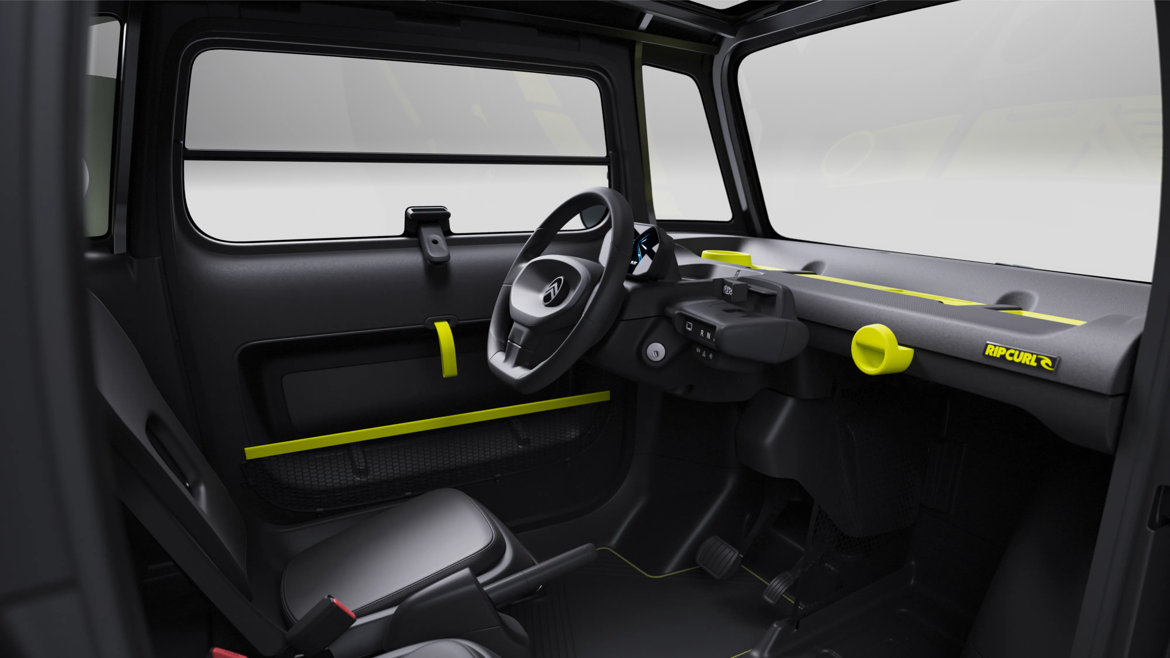 Binnenaanzicht van de cockpit van de Ami Rip Curl Sunrise, met een veilig en duurzaam beschermend ontwerp voor innovatief, compact rijden in de stad.